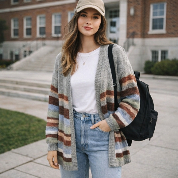 B.Young Sweaters - b.young Grey Oversized Byoksana Stripe Wool Blend Preppy Eclectic Cardigan S
